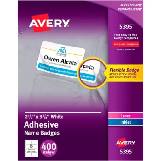 Avery Adhesive Name Badges, 2-1/3 x 3-3/8 Inches, White, Pack of 400 image {2}