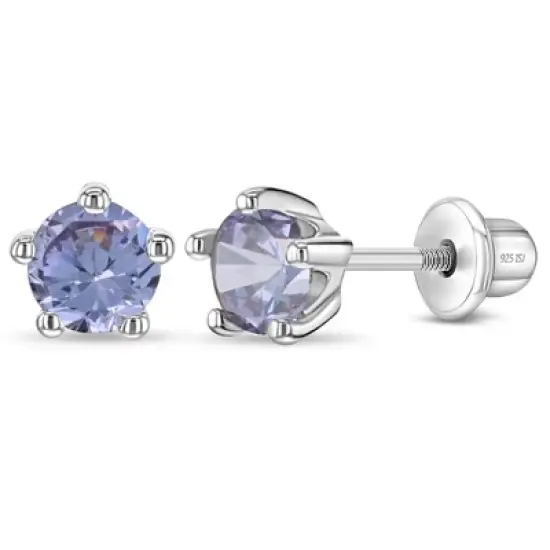 Girl's Classic CZ Birthstone Solitaire Screw Back Sterling Silver Earrings - In Season Jewelry image {10}