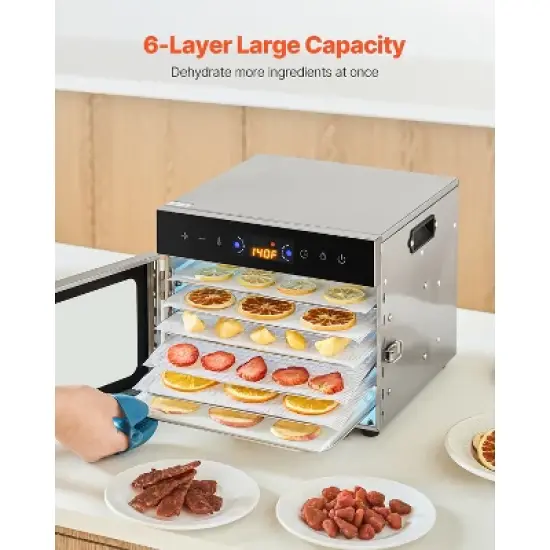 VEVOR Food Dehydrator Machine, 6 Stainless Steel Trays, 400W Electric Food Dryer with Adjustable Temperature & 24-Hour Timer, Freeze Dryer, Silver image {4}