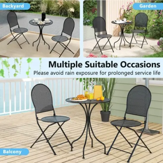 Costway 3 PCS Metal Bistro Set Round Table & 2 Folding Chairs with Rattan-Like Pattern Black/White image {7}