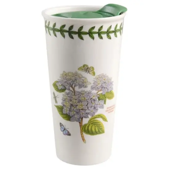 Portmeirion Botanic Garden 12 Ounce Porcelain Travel Mug, Hydrangea Motif, Dishwasher, Microwave Safe Cup, Hot Beverages On-the-Go image {7}