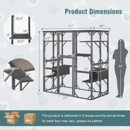 Costway Large Wooden Cat House 71'' Indoor Outdoor Weatherproof Catio Kitten Enclosure image {9}
