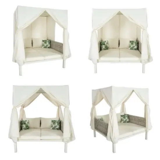 Outdoor Patio Daybed with Curtain and Canopy, 2-Seater Woven Rope Sunbed, Daybed with Iron Frame and Foam Cushions and Pillows&ndash;Cuddlewood image {3}