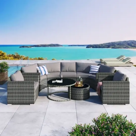 FIONECA 9-Piece Half-Moon Patio Sofa Set, Outdoor Round Wicker Sectional with Coffee Tables & Cushions, Gray image {1}