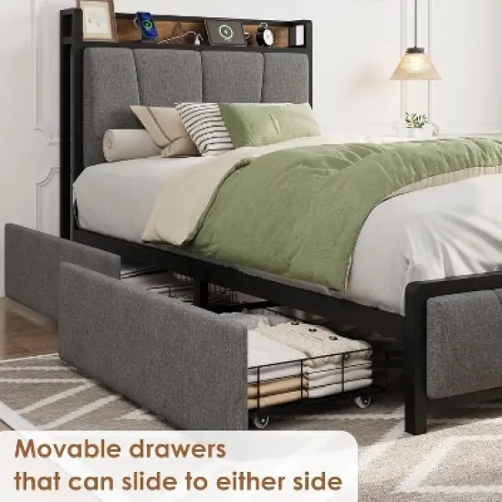 Twin/Full/Queen/King Size Upholstered Bed Frame with Storage Headboard, 2 Drawers, USB Charging Station, No Box Spring Needed, Heavy Duty, Grey image {7}