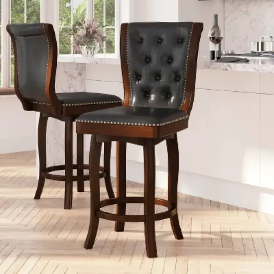 Merrick Lane Wood Stool in with Button Tufted Faux Leather Seat and Back and Footrest image {1}