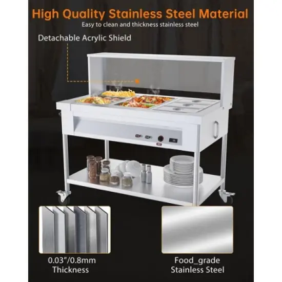 Food Warmers, Commercial Electric Food Warmer - 9-Pan Steam Table with Lids, Acrylic Guard, 1500W Stainless Steel Serving Counter image {1}