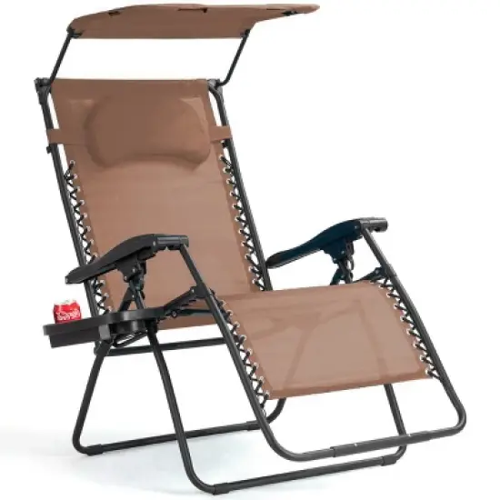 Costway Folding Recliner Zero Gravity Lounge Chair W/ Shade Canopy Cup Holder Brown image {10}