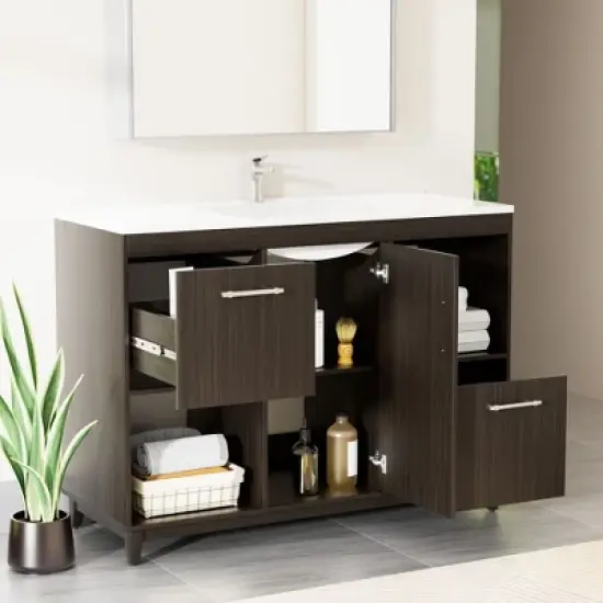 HYLEORY 48.03 in. W X 18.11 in. D X 35.04 in. H Basin Vanity with White Marble Top, Drawers and Open Shelf image {2}