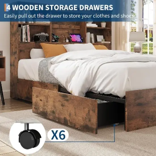 Bed Frame with 4 Storage Drawers and High Storage Bookcase Headboard, Built in Charging Station,No Box Spring Needed, Noise-Free, Easy Assembly image {3}