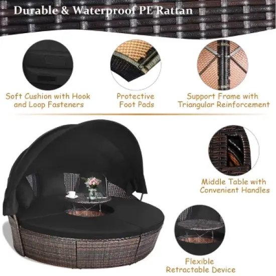Costway Patio Rattan Daybed Cushioned Sofa Adjustable Table Top Canopy Black image {7}