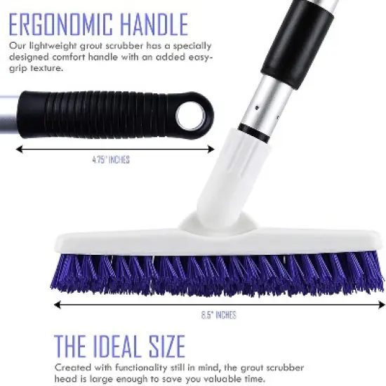 Grout Cleaner Brush with Telescopic Handle & Tough Bristles for Narrow & Wide Kitchen Shower Tub Tile Surfaces - by ELITRA HOME,Swivel Grout Scrubber image {6}