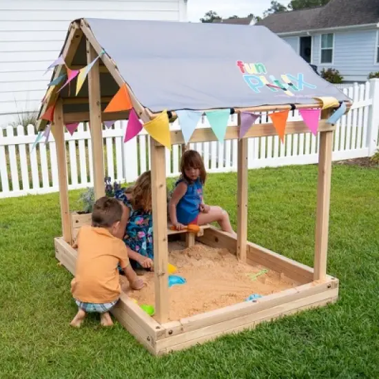 Funphix Dig n&rsquo; Play Wooden Sandbox Playhouse with Bench & Flower Planter, Outdoor Sand Pit for Kids image {5}