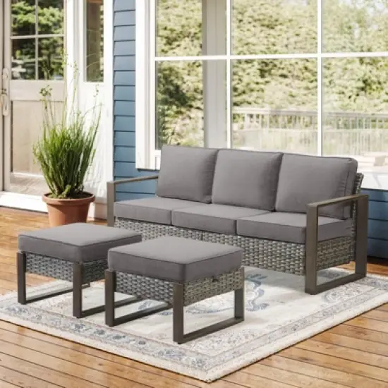 POCASSY 75" Wide Outdoor Sofa Outdoor Furniture Sets, All-Weather Brown Wicker Rattan Outdoor Couch with Ottomans and Cushions for Porch Balcony image {12}