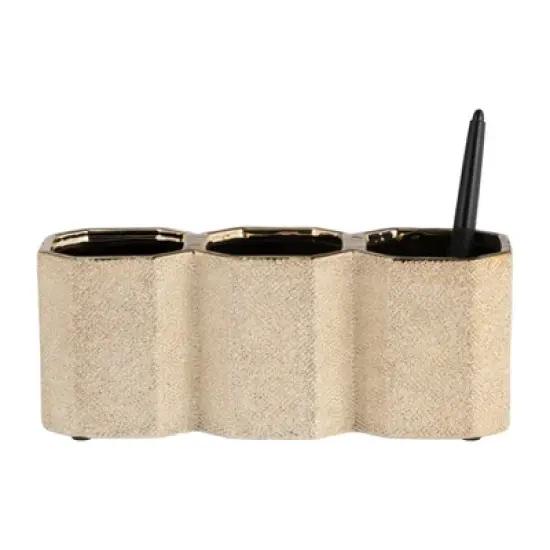 Sagebrook Home 10" Ceramic 3-cup Pen and Pencil Holder for Stylish Desktop Storage at Your Home or Office image {3}