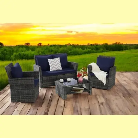 Mshliw 4-Piece Outdoor Patio Furniture Set, Garden Wicker Sofa with Tempered Glass Coffee Table, Poolside Lawn Chairs, Cushions, Modular Design image {11}