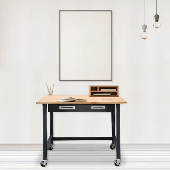 Ultragraphite Wood Top Table Workbench On Wheels Beech Wood/Graphite - Seville Classics image {3}