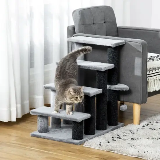 PawHut 4 Levels Cat Steps, Pet Stairs Carpeted Ladder, Kitten Tree Climber with Scratching Posts, Hanging Play Ball, Side Step, for High Bed, Sofa image {1}