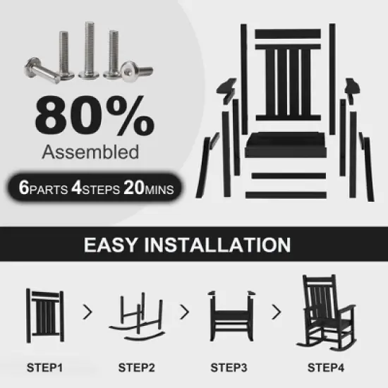 Outdoor HDPE Rocking Chairs &ndash; Oversized All-Weather Patio Rockers &ndash; Heavy Duty 350lb Capacity, Anti-Rollover Design (Black) image {3}