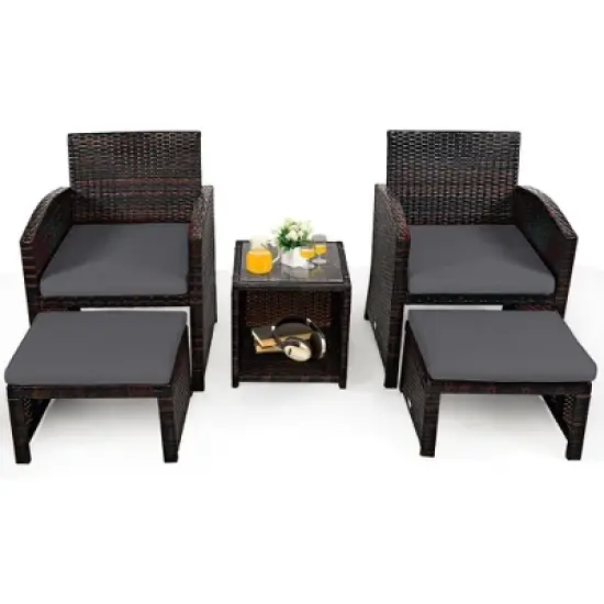 Costway 5PCS Patio Rattan Wicker Furniture Set Sofa Ottoman W/ Cushions image {4}