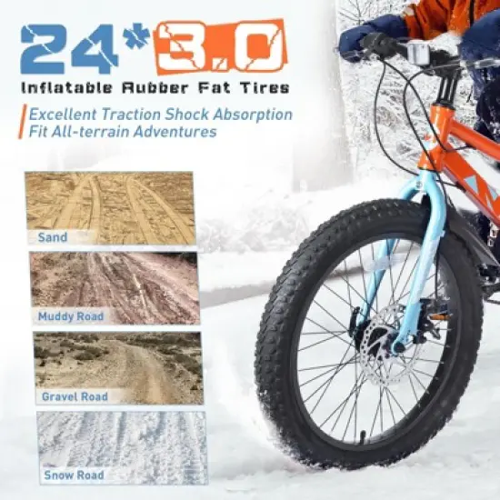 INFURNIC Bicycles 24 Inch Fat Tire Mountain Bike with Shimano 7 Speed and Dual Disc Brakes for Boys and Girls, Orange, 64.17"*24.8"*35.04" image {3}