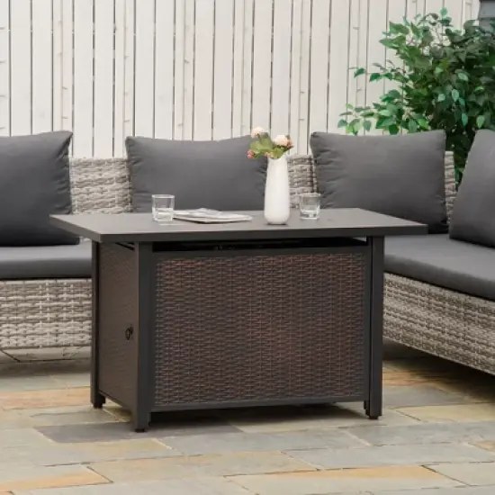 Outsunny 43" Fire Pit Table, Rectangle Propane Fire Table, 50,000BTU, with Glass Wind Guard, Blue Glass Rock, Lid, Auto Ignition, CSA Certification image {1}