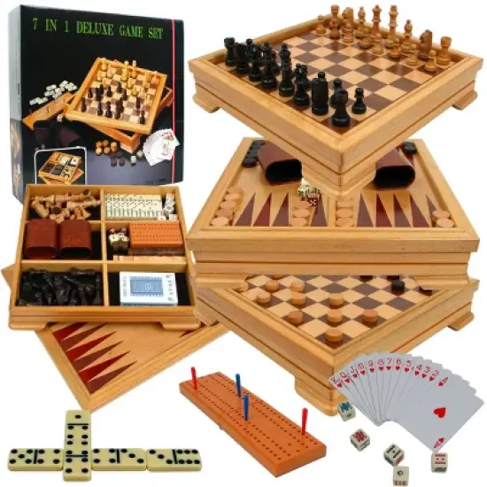 Toy Time 7-in-1 Deluxe Wood Board Game Set - Chess, Checkers, Backgammon, Dominoes, Cribbage, Poker Dice, and Standard 52-Card Deck image {4}