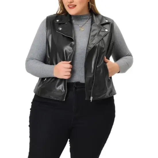 Agnes Orinda Women's Plus Size Leather Motorcycle Zip-Up Riding Biker Crop Vest Jacket image {5}