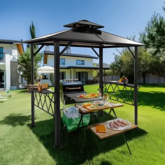 Pamapic 8' x 5' Hardtop BBQ Grill Gazebo Tent Canopy with 2-Tier PC Roof and Side Shelves, Gray image {2}