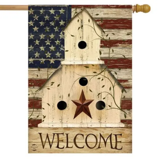 Americana Welcome House Flag Primitive Patriotic 28" x 40" Briarwood Lane image {1}