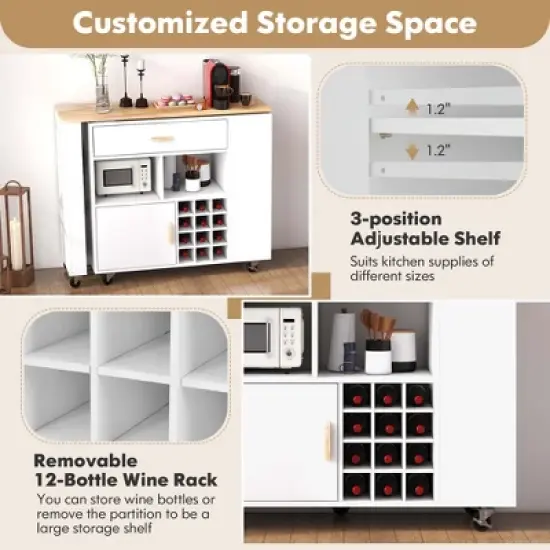 Costway Reversible Folding Kitchen Island Cart Utility Storage Trolley Wine Rack Shelves image {6}