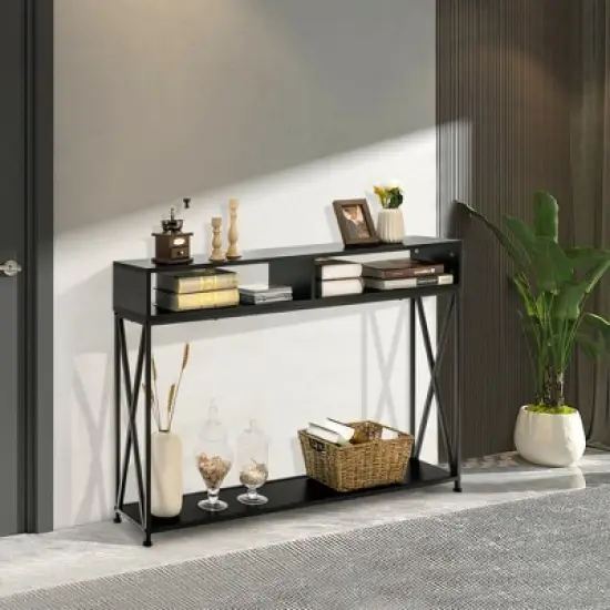 Costway Steel Frame  Console Table with Open Shelf and Storage Compartments  Black image {3}