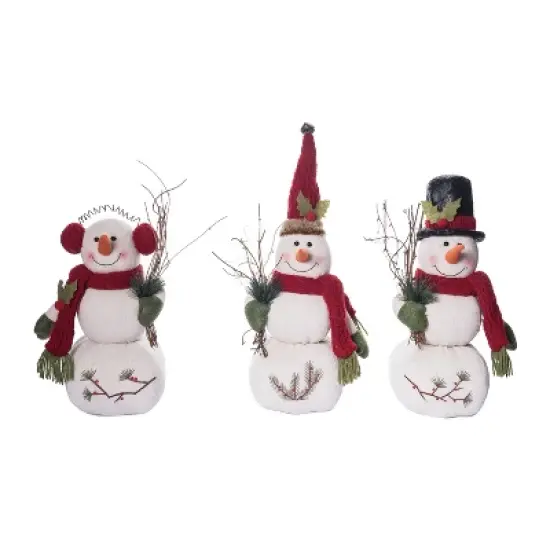 Transpac Set of 3 Fabric Snowmen with Embroidery Christmas Decorative Objects for Holiday Home Decor image {1}