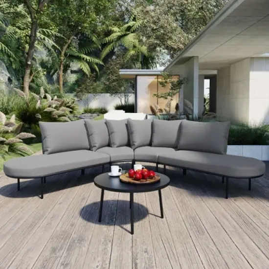 APRILSOUL Patio Half-Moon Outdoor Sofa Set & Coffee Table, 6-Person All-Weather Iron, Padded Seats,Backrest,Garden image {13}