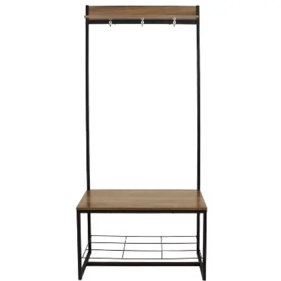 Sunnydaze Indoor Industrial-Style Hall Tree Bench with Coat/Shoe Rack - MDP Shelves with Powder-Coated Steel Frame - Brown - 67 in image {4}