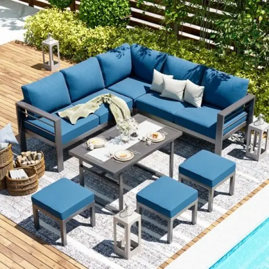 COWLOWN 7 Piece Blue Modern Metal Outdoor Furniture Sofa Set in Aluminum, Conversation Table and Chair Sets Perfect for Lawn, Backyard and Deck Areas image {5}
