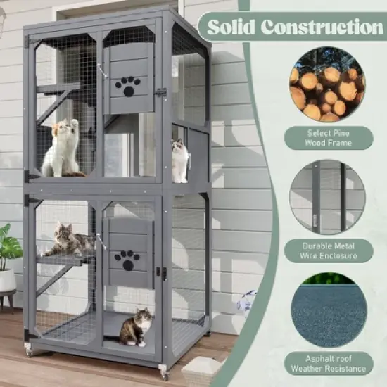 YOOCOZZ Catio  Indoor and Outdoor Cat Enclosure Window Access, 4 Tiers Cat House with Wheels, Resting Box & Waterproof Roof-Gray image {4}