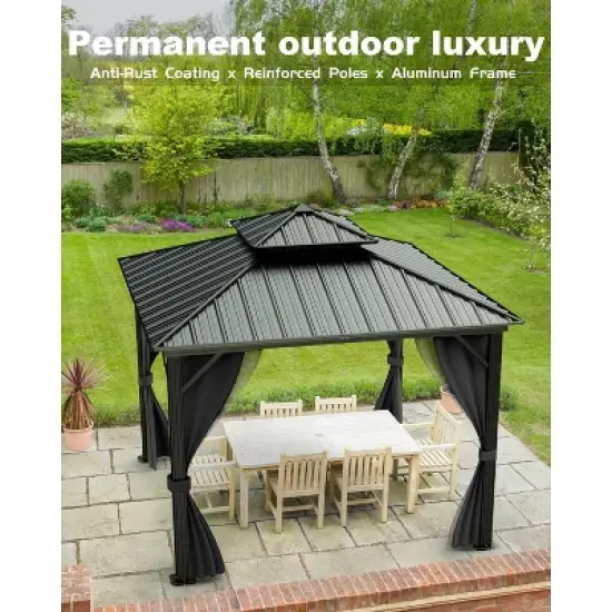 12' x 12' Hardtop Gazebo, Aluminum Frame Canopy with Galvanized Steel Double Roof, Netting & Curtains, Outdoor Pergola for Patio, Lawn, Garden, Khaki image {3}