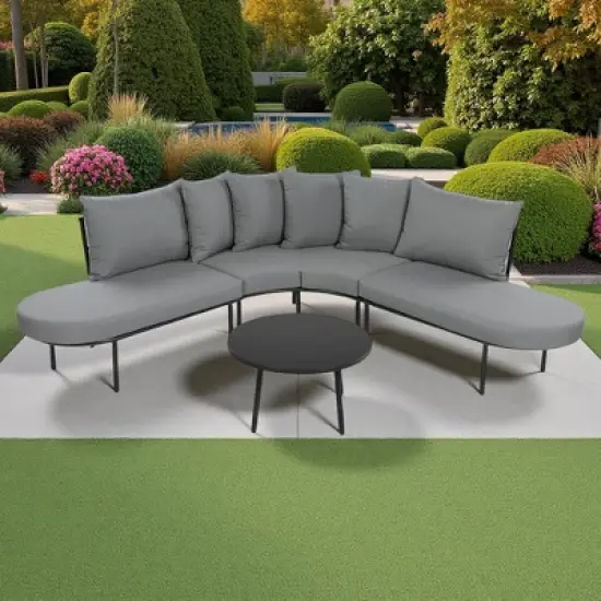 Outdoor Patio Iron Curved Sectional Sofa Set with Coffee Table and Cushions image {11}