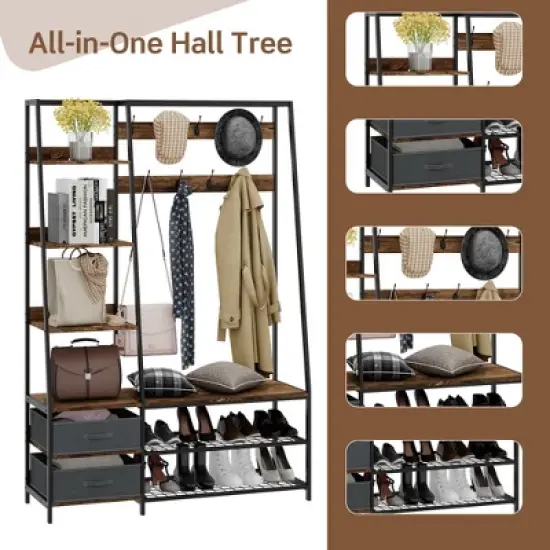 Tangkula 6-in-1 Freestanding Hall Tree Coat Rack w/ Bench & Fabric Dressers Rustic Brown image {5}
