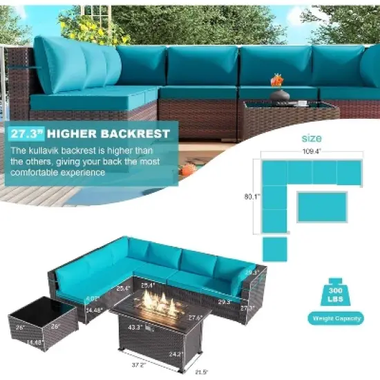 ALAULM 8 Pieces Outdoor Patio Furniture Set with 43" Gas Propane Fire Pit Table PE Wicker Rattan Sectional Sofa image {2}