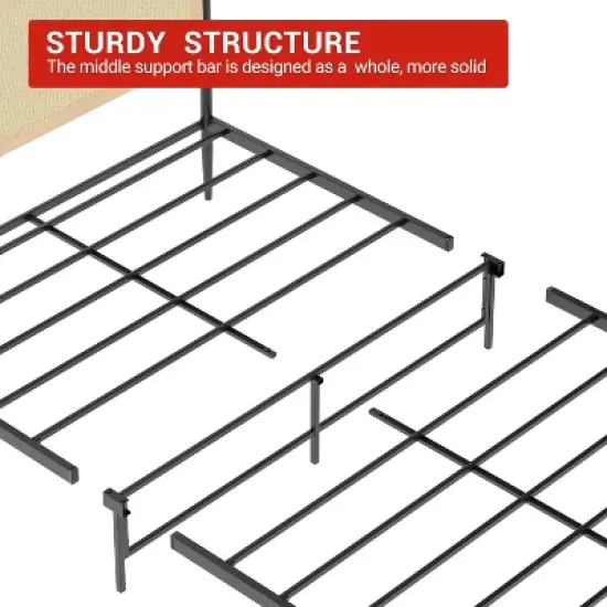 Full/Queen Size Boho Bed Frame with Rattan Headboard & Wood Footboard, Under Bed Storage, No Box Spring Needed, Noise-Free Design image {4}