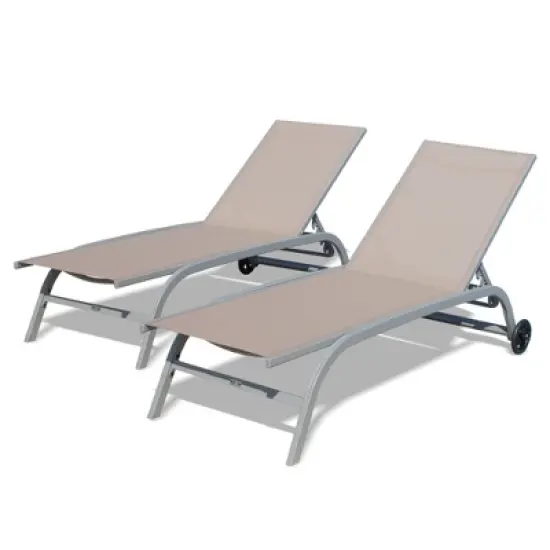 XINGHANZHENXUAN Gray Patio Chaise Lounges Set of 2, 5-Position Adjustable Lounge Chairs with Wheels, Poolside, Beach, Garden image {7}