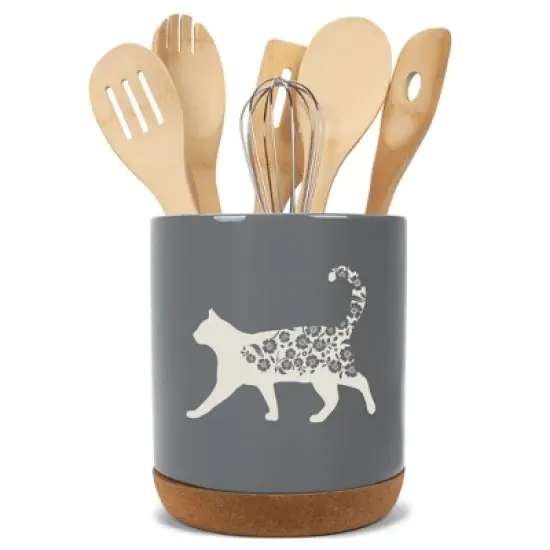 Elanze Designs Floral Cat Flowers Arrangement Kitten Ceramic Cork Bottom Gray Large Capacity Utensil Holder Crock for Countertop Storage, Stylish & image {4}