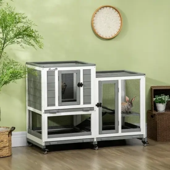 PawHut Three Story Rabbit Hutch, Indoor Wooden Rabbit Cage Bunny Hutch with Runs, Wheels, Waterproof Roof and Removable Tray, Gray image {2}