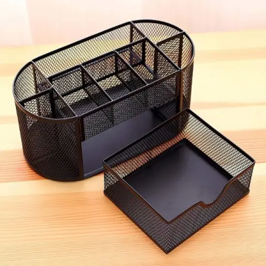 Aghana Digitals 8-Compartment Metal Mesh Desk Organizer with Drawer - Black Stationery Holder image {6}