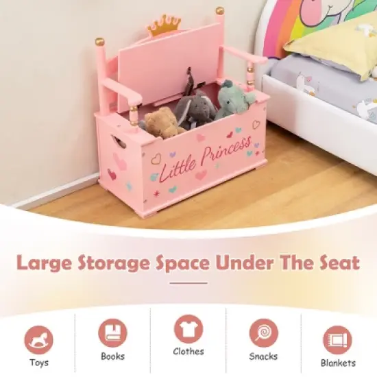 Costway Kids Princess Wooden Bench Seat Toy Box Storage Organizer Children Playroom Pink image {8}