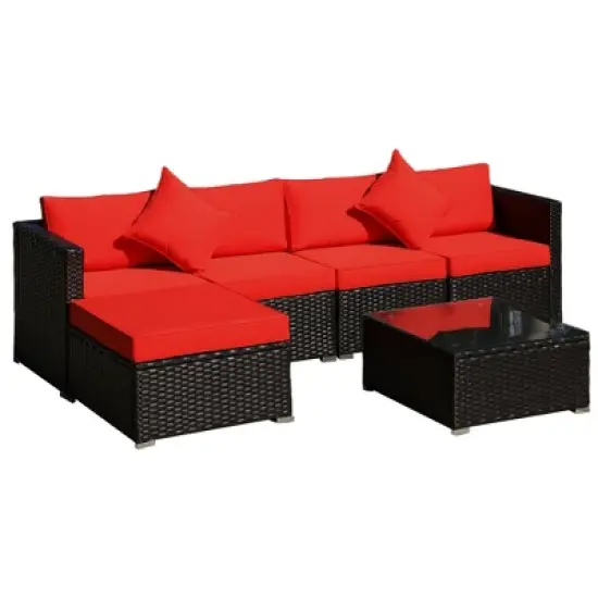 Outsunny 6 Pieces Outdoor PE Rattan Sofa Set, Sectional Conversation Wicker Patio Couch Furniture Set with Cushions and Coffee Table image {13}