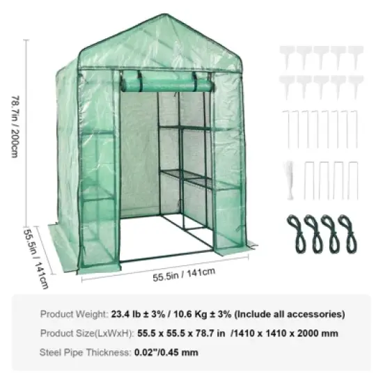 VEVOR Walk-in Green House, 4.6 x 4.6 x 6.6 ft , Greenhouse with Shelves, High Strength PE Cover with Zipper Door and Steel Frame, Assembly in Minutes image {7}