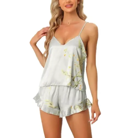 cheibear Women's Satin Lounge Floral Cami Tops with Shorts Ruffled Pajamas Sets image {7}